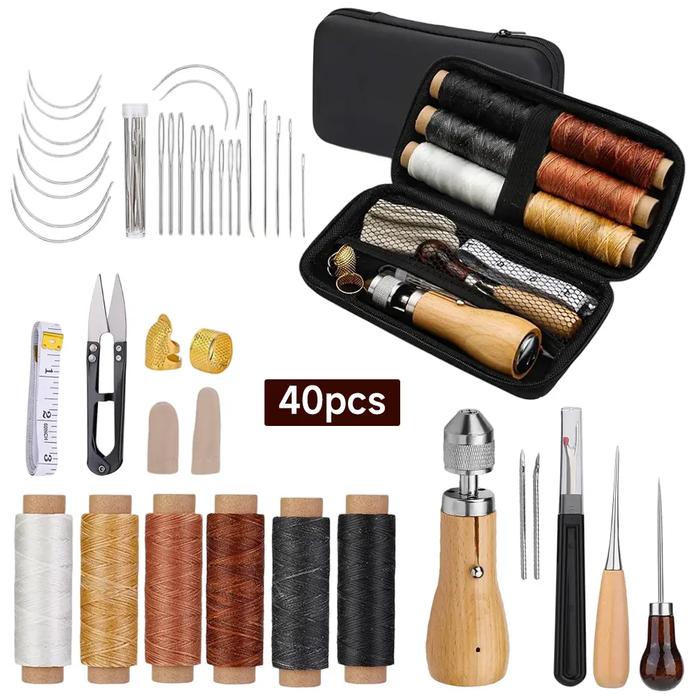 40-Piece Leather Repair Kit Pack, Portable Toolset with Waterproof Bag, Speedy Stitcher Sewing Awl, Stitching Aid with Instructions for DIY Leather Sewing & Car Repair Crafts