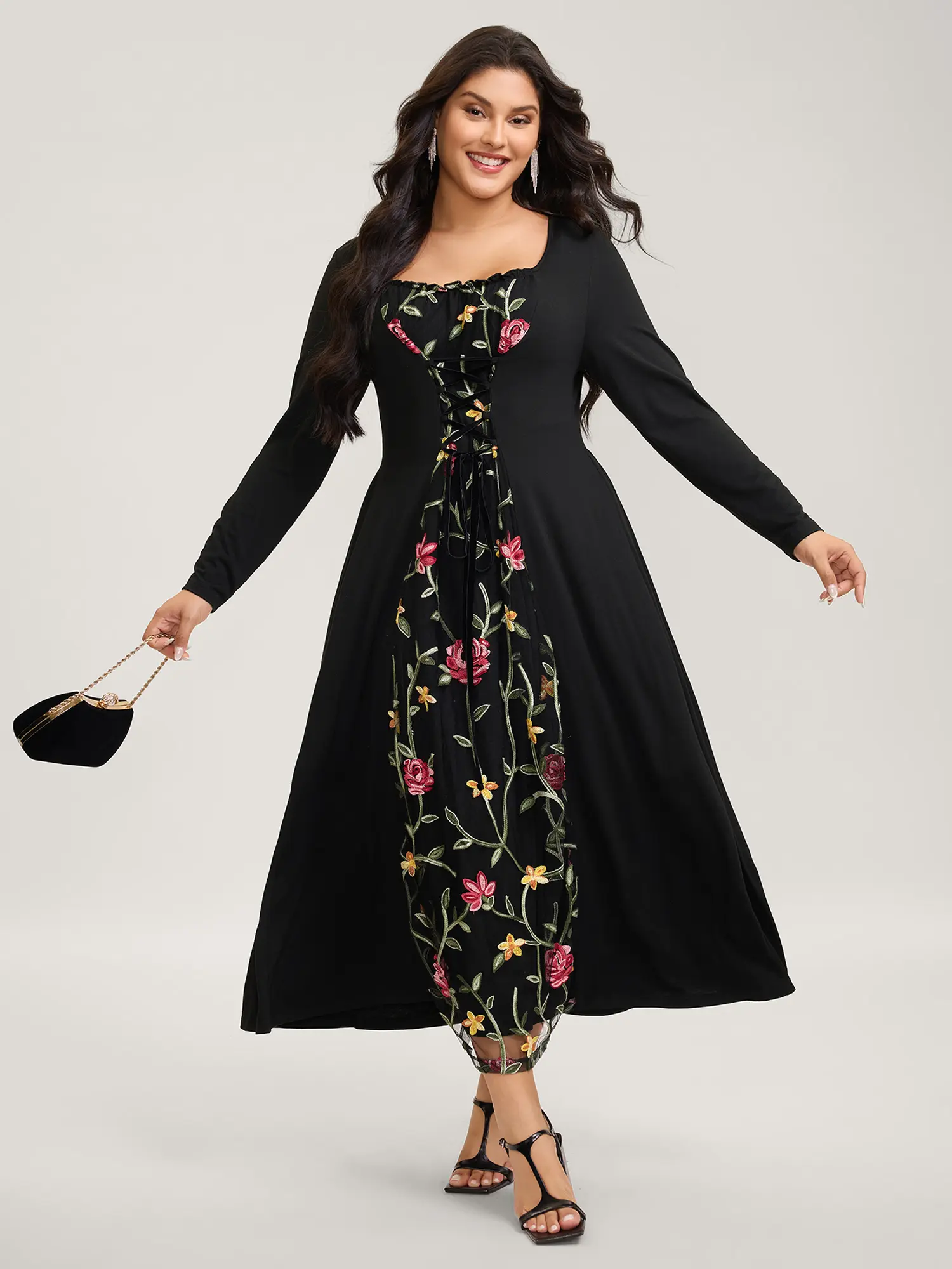 BLOOMCHIC Women's Casual Floral Waist-Tie Contrast Long Sleeve Polyester-Nylon Spandex Maxi Dress with Pocket - Black, Summer Swimweek Finds, Fabric, Contrast Floral, Fit, Square Neck, Belted, Do Not Tumble Dry, Machine Washable, Rayon, Garment