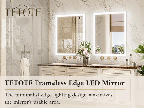TETOTE LED Mirror with Acrylic Frame, Frontlit & Backlit with Dimmable Brightness and 3 Color Temperatures, Anti-fog & Smart Memory, Easy Mounting
