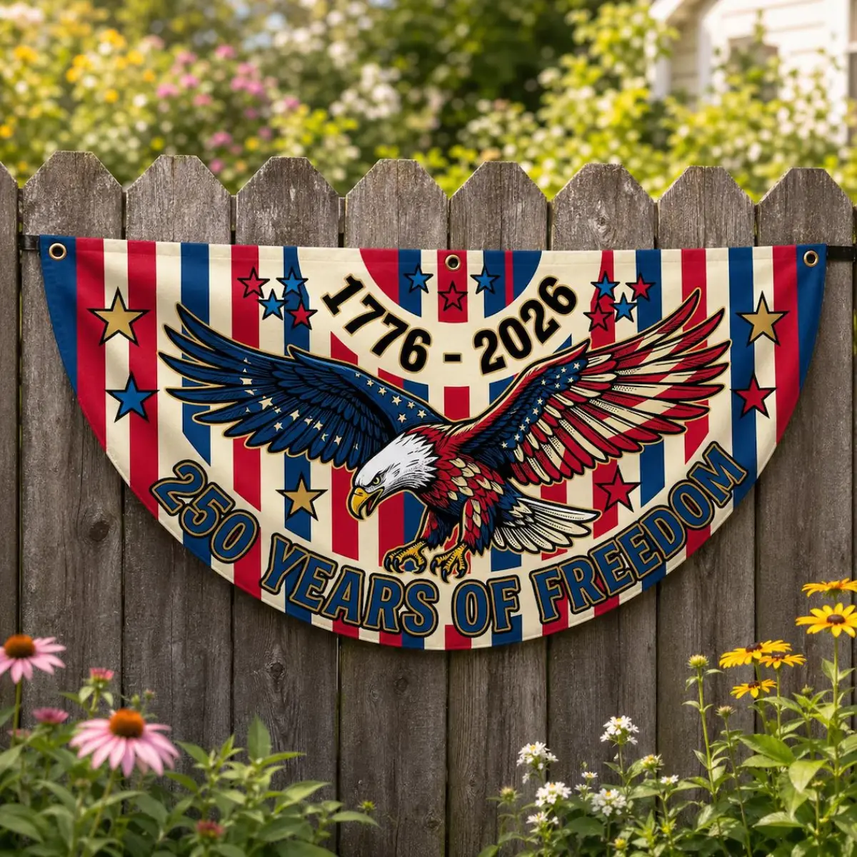 250 Years of Freedom Stars Stripes Eagle Semicircle Fence Flag 1776-2026, Bold Patriotic Bunting Wall Banner, 4th of July Outdoor Porch Deco