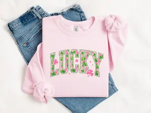 Pink Lucky St Patricks Day Sweatshirt, St Pattys Day Shirt, Lucky Womens Crewneck Sweater, Shamrock St Patricks Tee, Lucky Shamrock T Shirt - EVA RAMOS