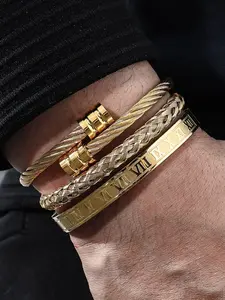 Three-piece stackable men's gold bracelets✨ Fried Dough Twists + braided rope + Roman numeral design, super convenient to wear! Fashionable men's jewelry accessories | elevate the style of any outfit#MensBracelet