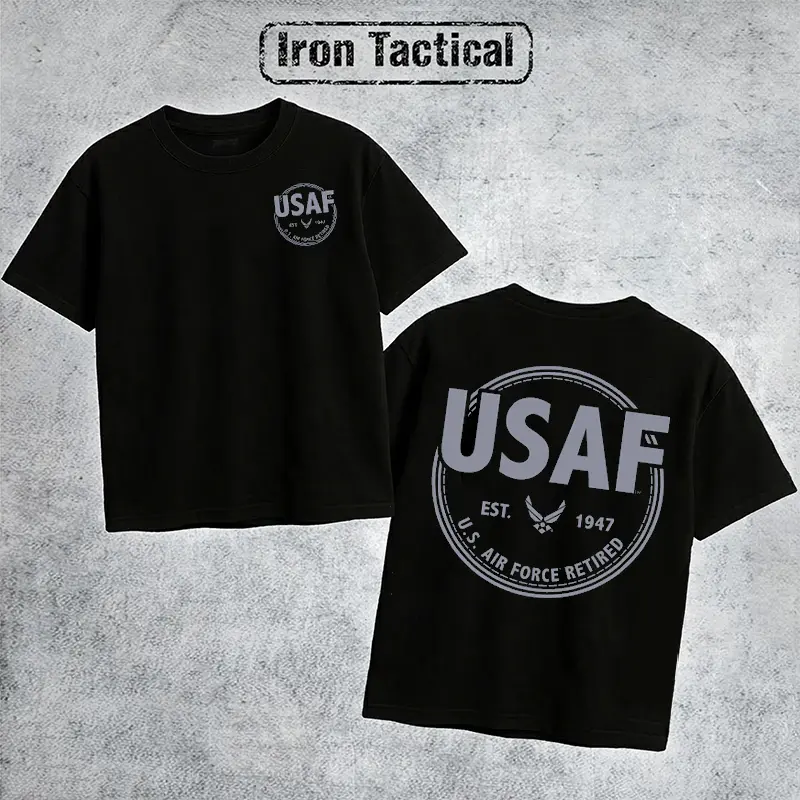 Iron Tactical USAF Retired Graphic Tee, U.S. Air Force Veteran Est 1947 Military Aviation Shirt Outdoor Sports Apparel Gift Men