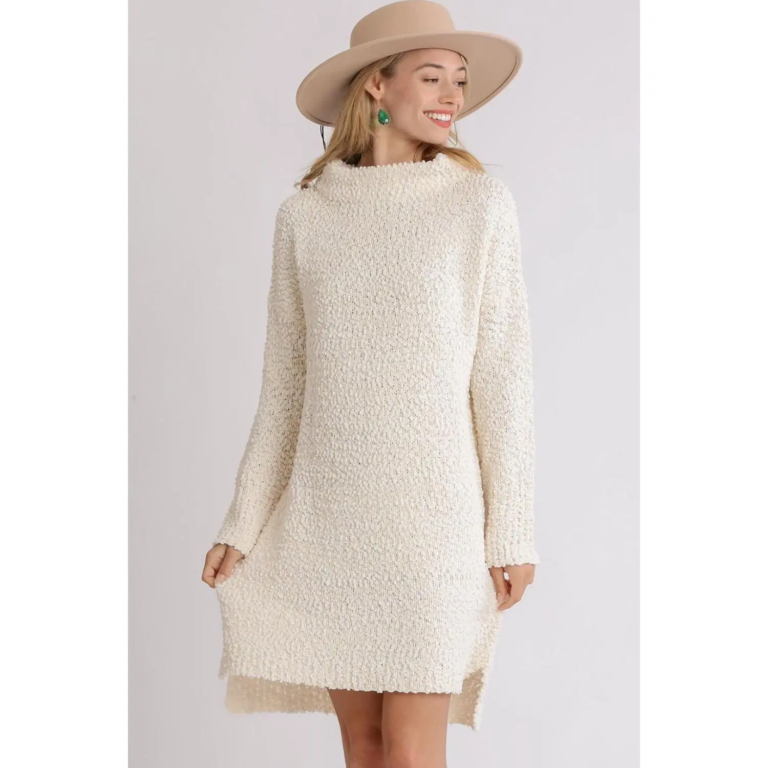 Umgee Full Size High Low Long Sleeve Boucle Sweater Dress Plus Size