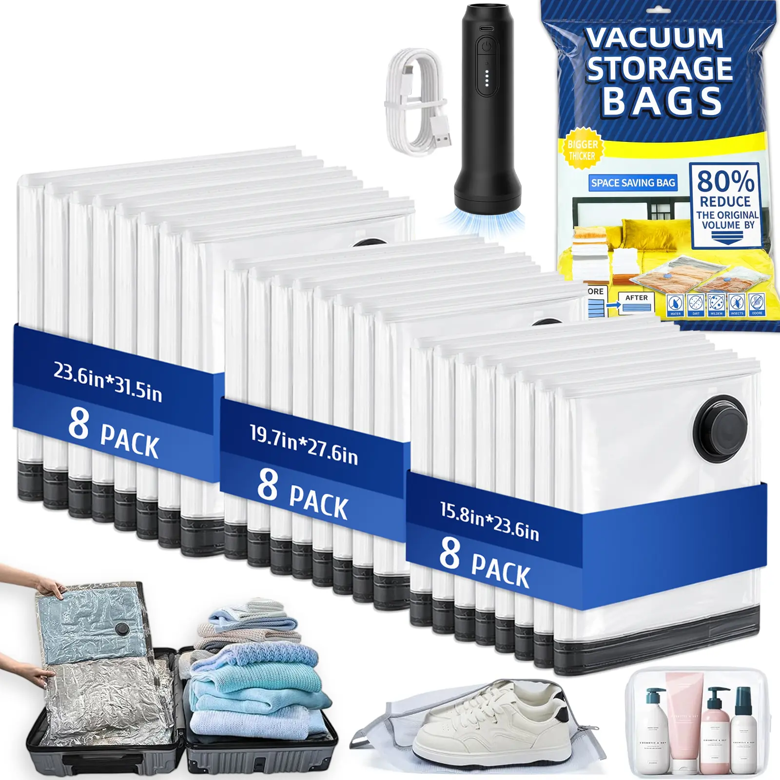 24 Pack Travel Space Saver Bags, Reusable Vacuum Travel Storage Bag, Saves 80% of Storage Space, Roll-Up Compression