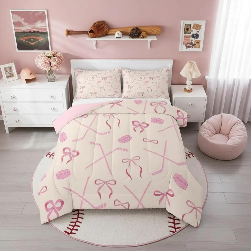 Ice Hockey Bedding Set for Kids Adults,Girls Pink Hockey Stick and Ball Comforter Bed Set,Butterfly Bow Princess Style Quilt Set,Kawaii Girls Woman Duvet Insert