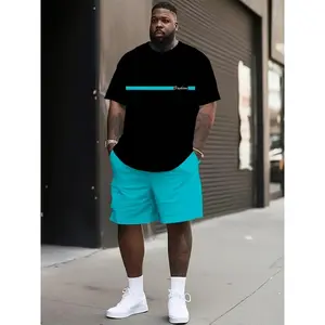 Men's Large Pure Cotton Short Sleeve T-Shirt - Black with Light Blue Stripes & Subtle Print, Breathable Round Neck Casual Summer Top, Machine Washable Regular Fit for Outdoor & Casual Attire, Everyday Comfort, Subtle Print Top, Lightweight Fabric, PLUS S