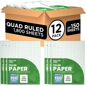 Graph Paper Loose Leaf Paper Quad Ruled Notebook Paper Quad Ruled 4” x 4” Square Lined Writing Filler Paper 10.5” x 8” 1800 Sheets 150 Sheets Per Pack 60 gsm (12 Pack)