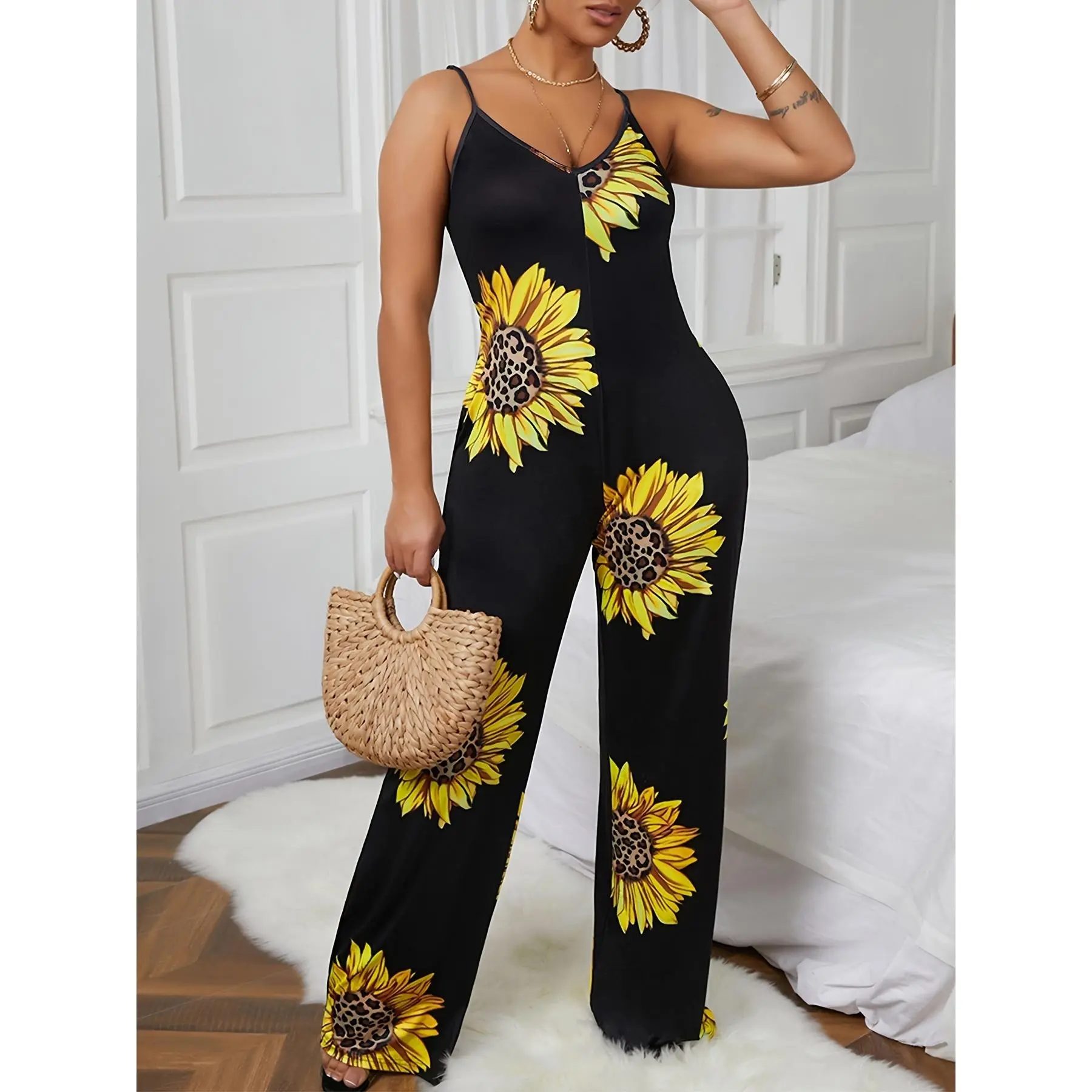 Women's Black & Yellow Sunflower Print Jumpsuit - Sleeveless Wide-Leg Romper  with Low Neck, Mid-Stretch Machine-Washable Fabric for Spring/Summer Casual  Outfits, Sunflower Romper, Summer Outfit, Vibrant Design, Comfortable Fit -  TikTok Shop