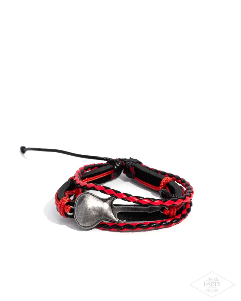 Paparazzi Lead Guitar Red Bracelet - Braided Red & Black Leather Cording with Metallic Guitar Charm & Adjustable Sliding Knot Closure