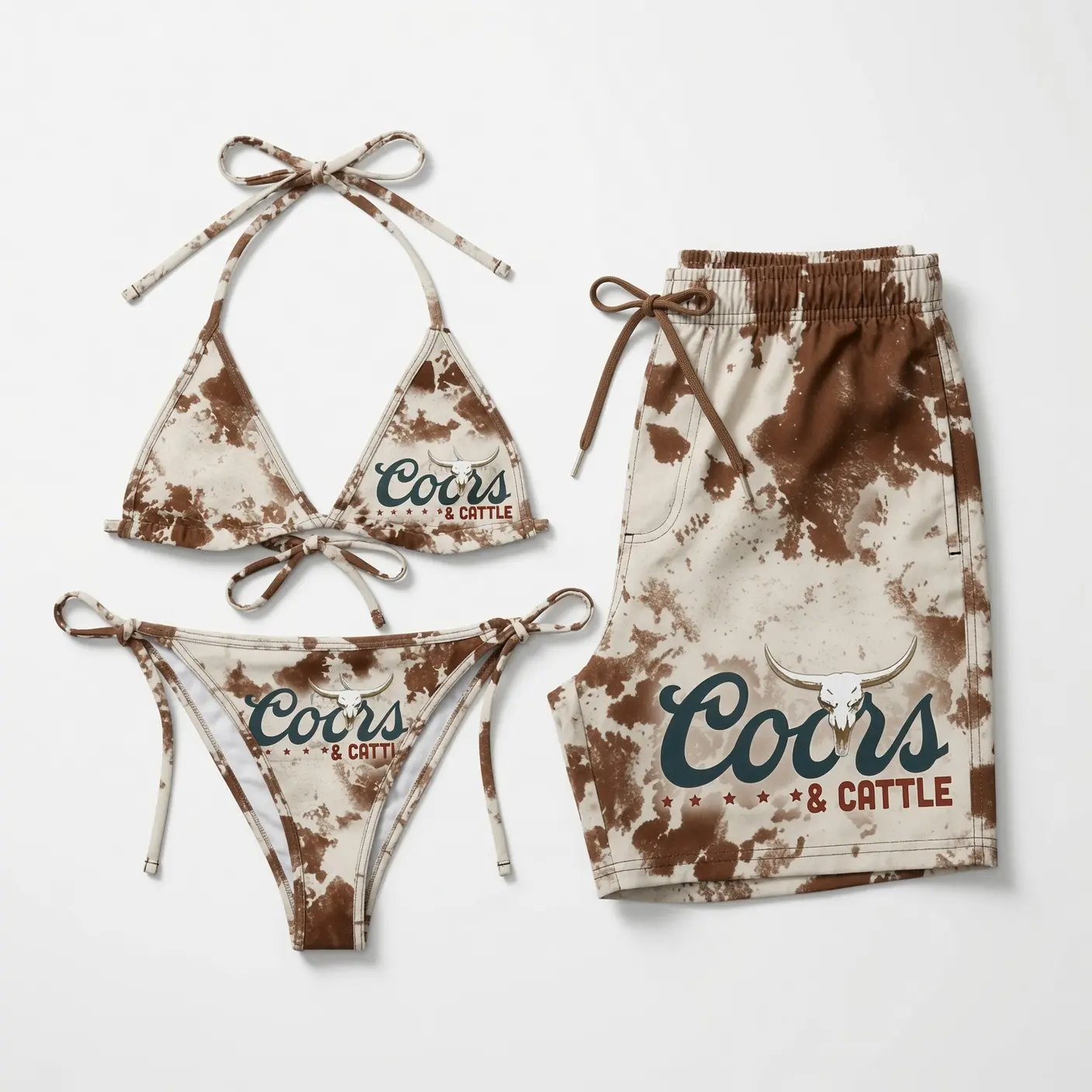 C00rs & C@ttle Cowhide Matching Couple Swimwear Set, Western String Bikini and Hawaiian Shorts, His and Hers Beach Vacation Outfit Gift