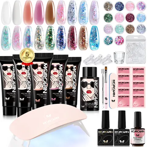 MOROVAN Toxin-Free Poly Gel Nail Extension Starter Kit - 48W Lamp, 3-min Cure, 24 Months Warranty, 6 Metal Bits, Slip Solution, Base/Top Coat for Beginner At-Home Care (Gel Nail Kit with Everything)
