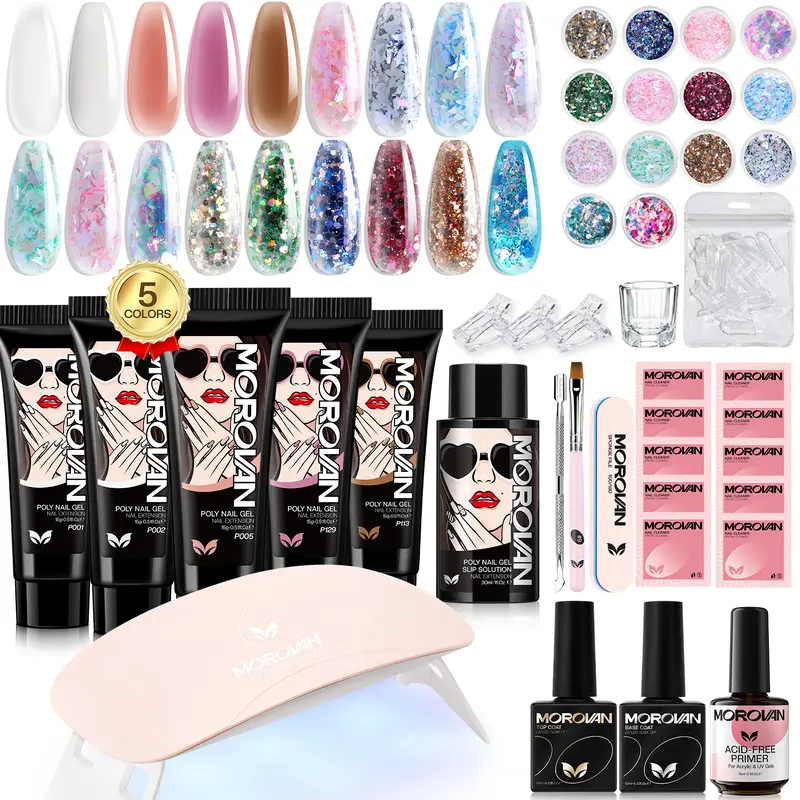 MOROVAN Toxin-Free Poly Gel Nail Extension Starter Kit - 48W Lamp, 3-min Cure, 24 Months Warranty, 6 Metal Bits, Slip Solution, Base/Top Coat for Beginner At-Home Care (Gel Nail Kit with Everything)