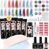 MOROVAN Toxin-Free Poly Gel Nail Extension Starter Kit - 48W Lamp, 3-min Cure, 24 Months Warranty, 6 Metal Bits, Slip Solution, Base/Top Coat for Beginner At-Home Care (Gel Nail Kit with Everything)