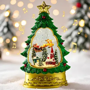 Musical Christmas Snow Globe Lantern Glittering Prelit Christmas Tree Santa and Elk USB or Battery Operated Lighted Christmas Decorations Indoor Home Decor