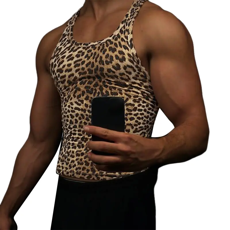 INCERUN Men's Classic Breathable Leopard Print Tight-Arm Sleeveless Slim-Fit Muscle Tank Top - Menswear Clothes, Sporty Chic Undershirt, Ideal for Gym & Club Use (Pairs with Men's Leather Jackets), Arms, Stretch Fabric, Male Fit, Body Hugger, Accentuate M