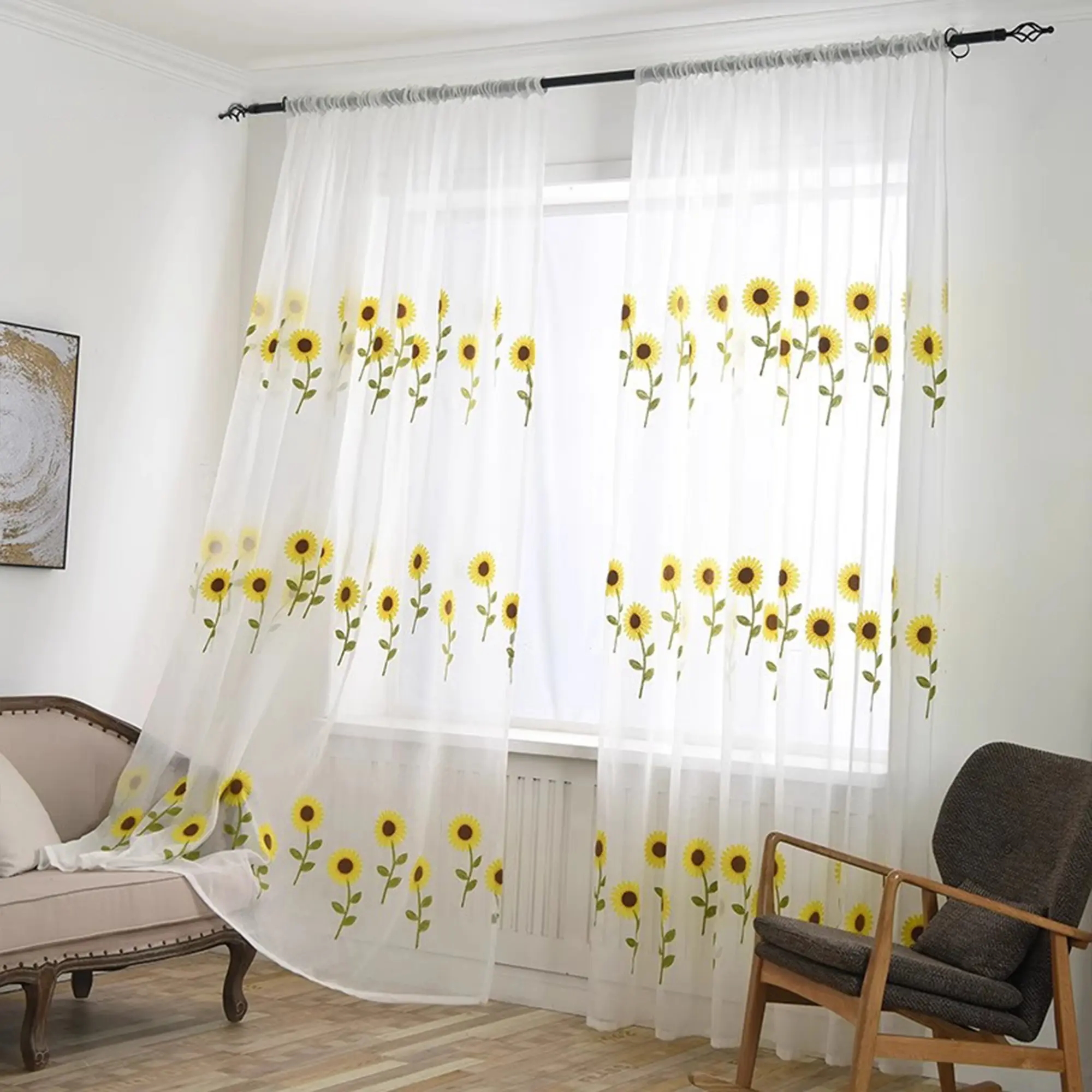 Cottage Style Floral Pattern Privacy Filtering Sheer Curtains, Elegant Polyester Panel for Living Room Decor, Casual Classic Contemporary Design