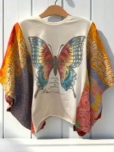Womens Butterfly Graphic Top Patchwork Batwing Sleeve Blouse Oversized Casual Boho Shirt Spring Summer Outfit Festival Top Unique Statement Tee