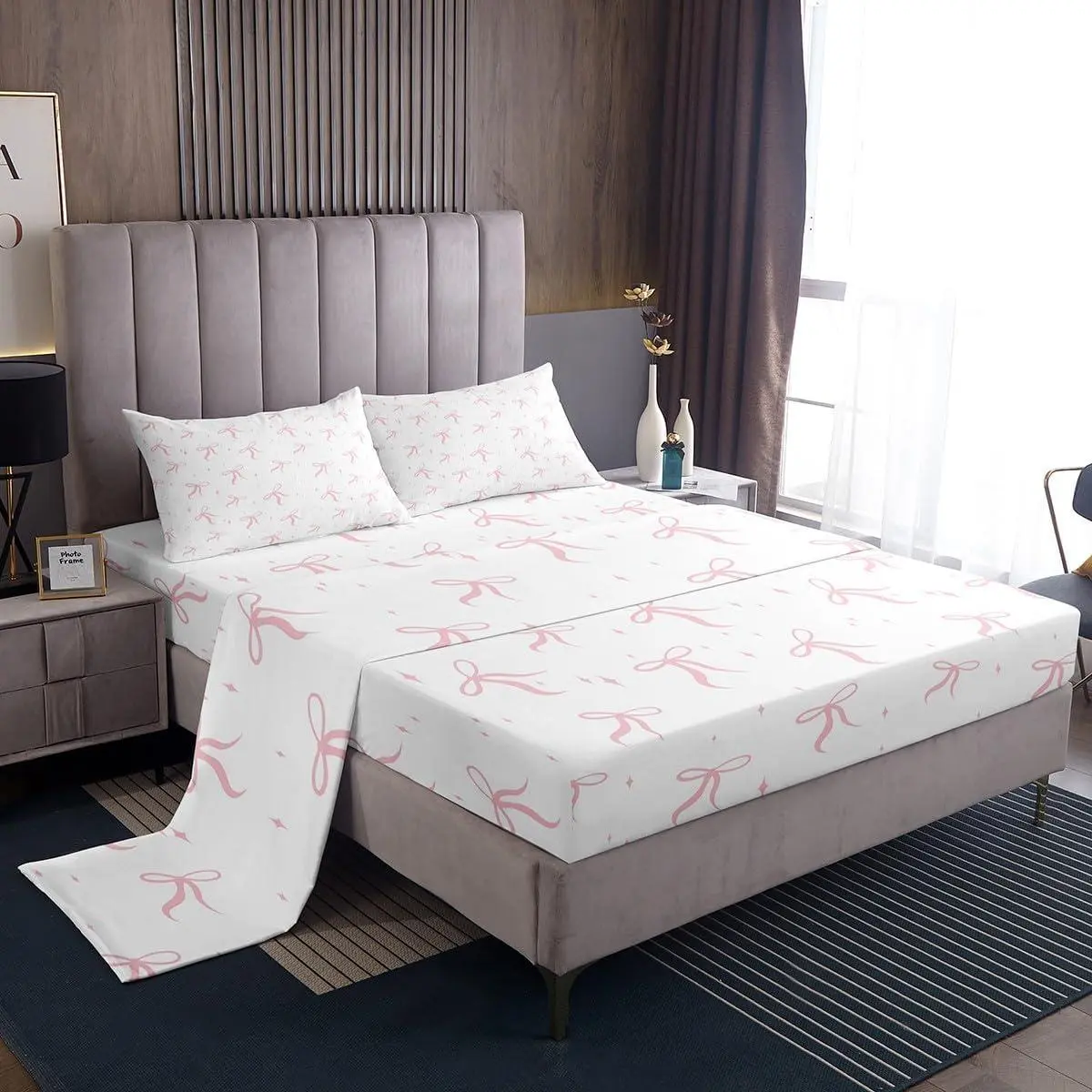 Pink Bowknot Bed Sheets Set Watercolor Bow Sheet Set for Kids Boys Girls Teens Room Decor Kawaii Bow Sheets with Deep Pocket Fitted Sheet Dreamy Princess Bedding Set
