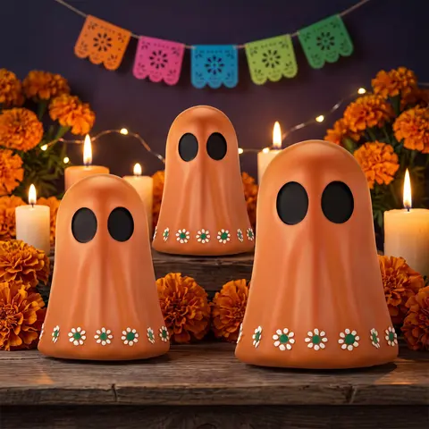 3 Pcs Day of the Dead Figurines, Cute Barro Inspired Floral Mexican Ghost Decor, Dia de los Muertos Decorations, Altar de Muertos Ofrenda Decor for Shelf & Mantel
