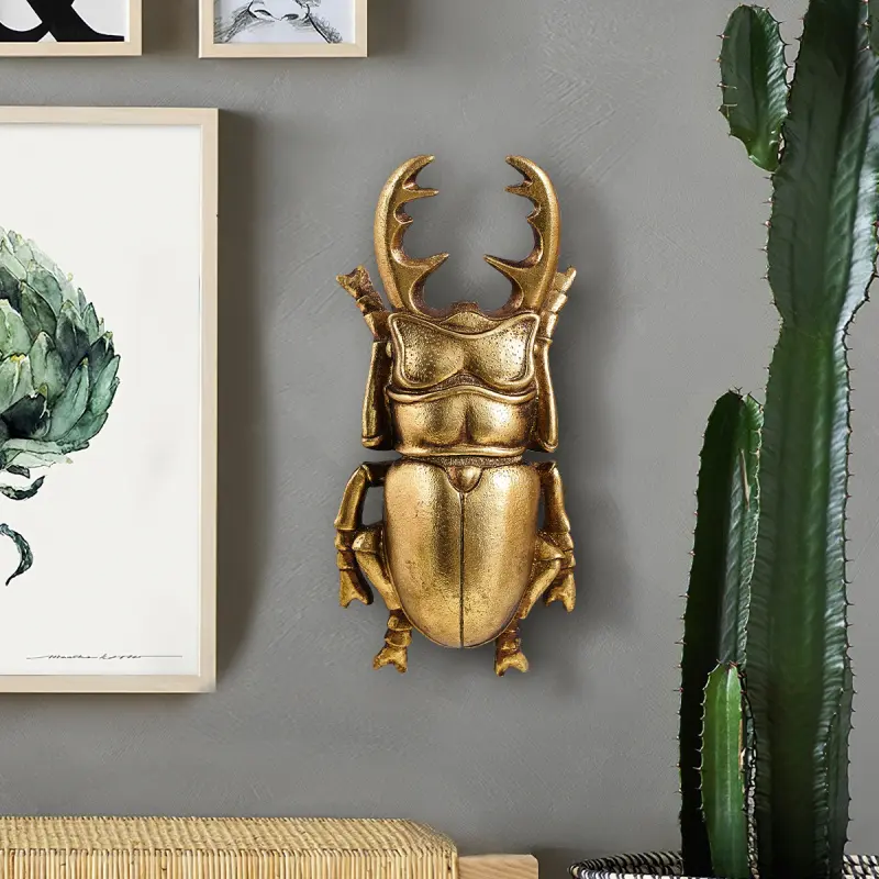 Resin Material 20.5x 9.5cm Golden Antler Beetle Home Decoration Craft Wall Hanging, Decorative Hanging Piece, Tentacles and Textured Shell Design Insect Enthusiast's Collectible
