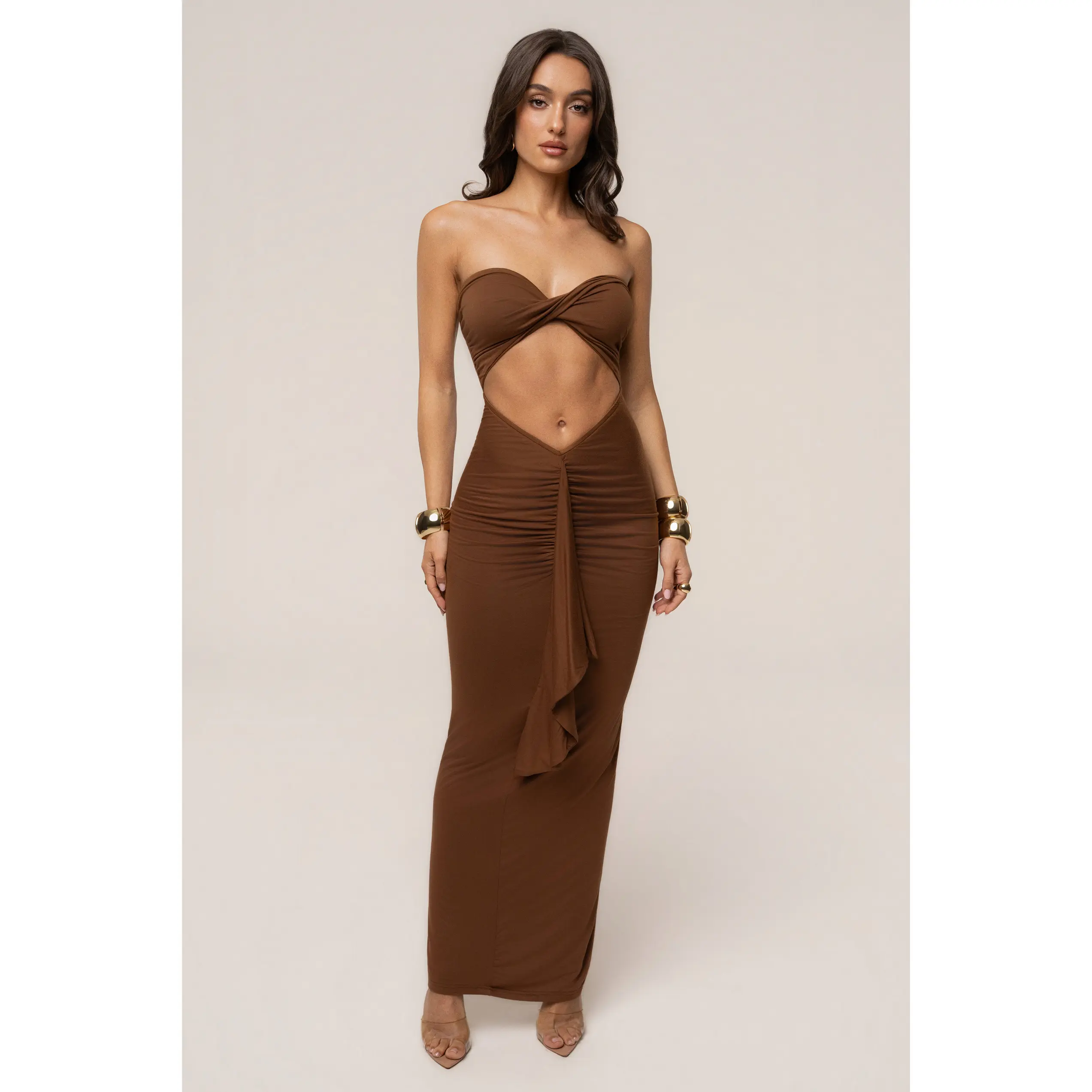 Chocolate Strapless Drape Maxi Dress