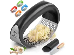 Zulay Kitchen Garlic Press Rocker Set - Stainless Steel Garlic Crusher, Minces Cloves, Includes Silicone Peeler & Scraper - Essential Kitchen Utensil