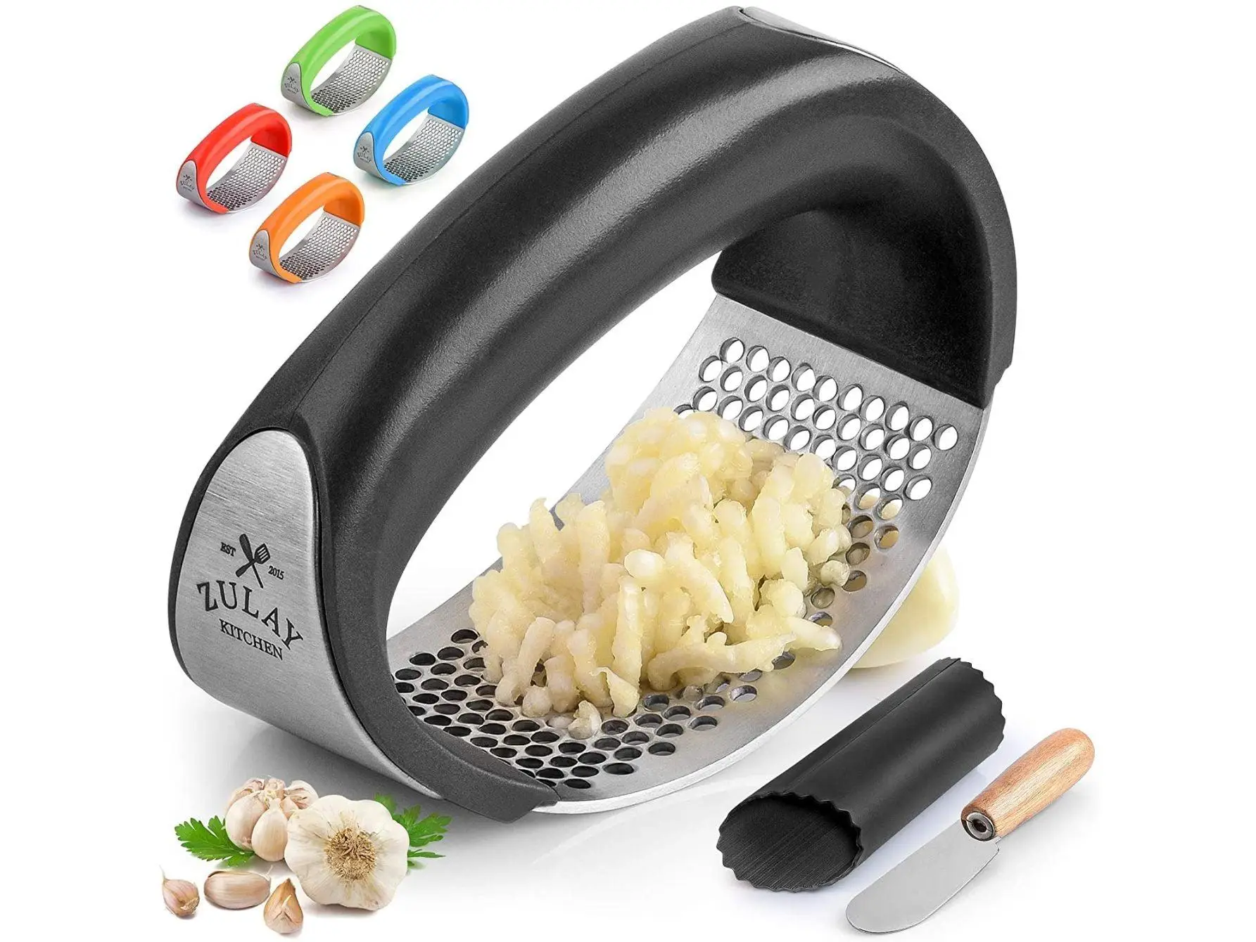 Zulay Kitchen Garlic Press Rocker Set - Stainless Steel Garlic Crusher, Minces Cloves, Includes Silicone Peeler & Scraper - Essential Kitchen Utensil