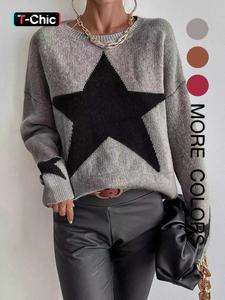 women's star pattern round neck soft knit pullover sweater, casual loose fit long sleeve top for fall & winter fashion
