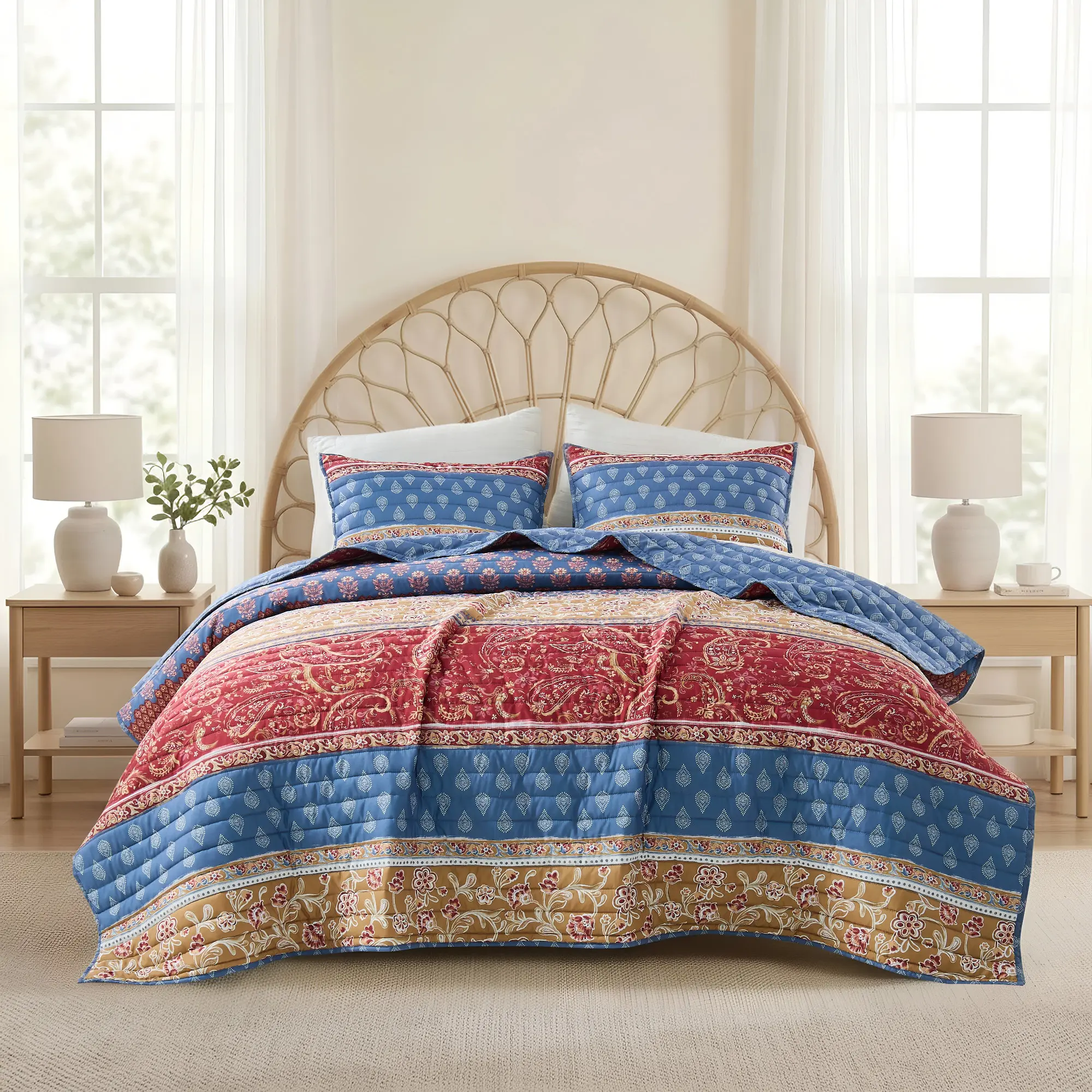 Retro Bohemian Paisley Quilt Set, Reversible Floral Striped Lightweight Bedspread, Cozy Cottagecore Farmhouse Bedding Quilt for Bedroom Decor
