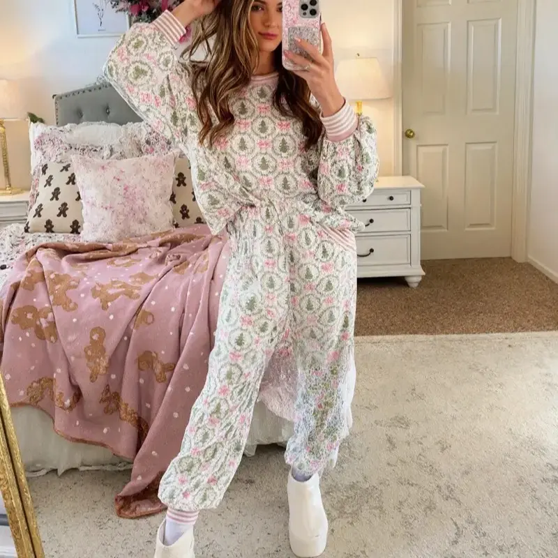 Holiday Forest Print Loungewear Set Womens Tree Bow Pajama Set Long Sleeve Top Jogger Pants Soft Cozy Knit New Year Valentines Day All Season Sleepwear 3