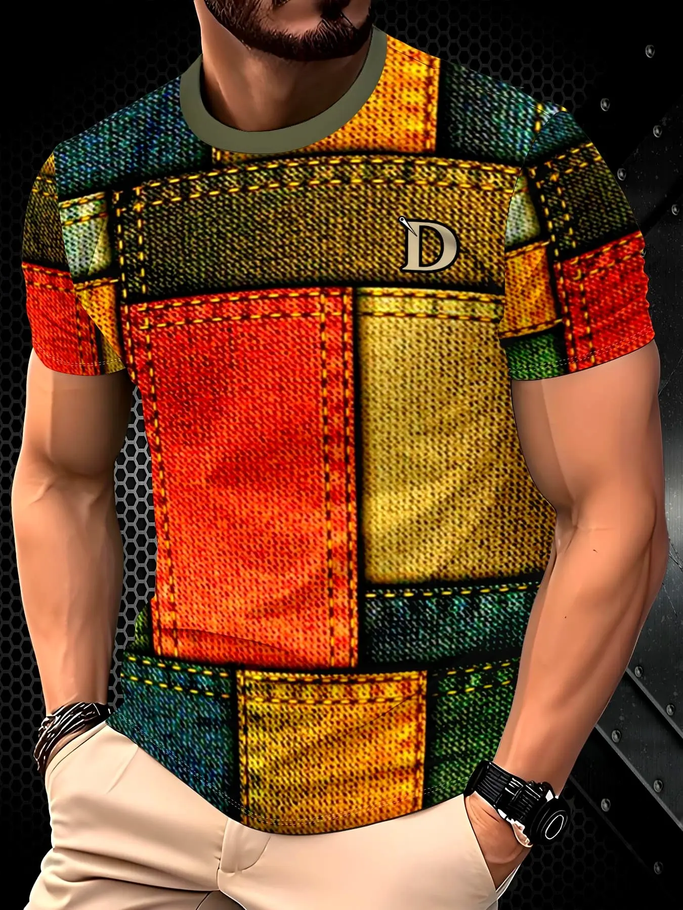 Men's Colorblock Graphic Short Sleeve T-Shirt, Casual Fashion Trendy Top, Multicolor Geometric Design, Fitted Long Clothing, All Seasons, Streetwear, Menswear