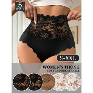 QUASTI 5/10 Pack Sexy Lace Belted High-Waisted Briefs, Soft And Breathable Invisible High-Elastic Panties, Full Coverage Sexy Simple Solid Color Women'S Panties, Fashionable, S-XXL