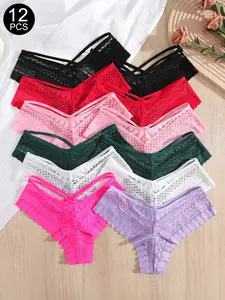 12Pcs Women's Sexy Tribal Totem Print Bikini Lace Detailing Hollow Out Criss-Cross Belt Triangle Panties, Natural Waist Fitted Underwear Set