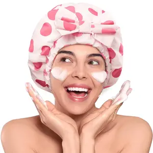 Luxury Silk Lined Shower Caps for Women  , Double Layered Large Bathing Hair Cap with Adjustable Elastic Strap, Non-slip, Quick-dry, for Long Short Hair, Pink Dots