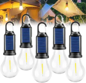 Portable solar rechargeable camping lantern with hook, USB Type‑C LED tent light bulb, IPX4 waterproof emergency camping lights, 3 modes (high/low/strobe) for hiking, fishing, backpacking, hurricane power outages