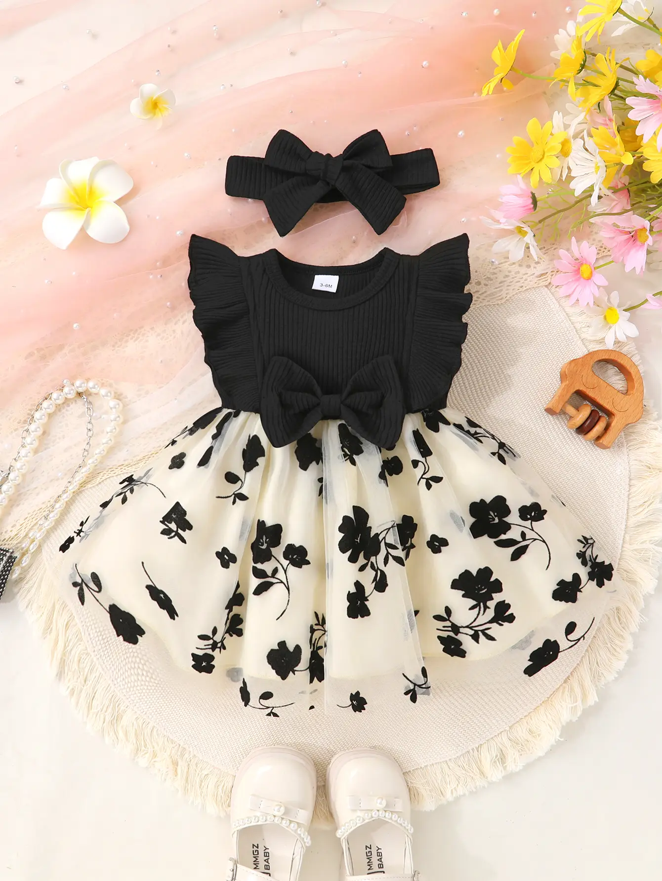 2-piece set of soft, comfortable and cute baby girl bow decoration, ruffle edge splicing, floral embroidery mesh princess dress and headband set