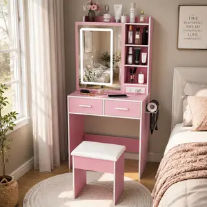Littleox Space-Saving Small Makeup Vanity Desk, Dressing Table with Mirror & Adjustable LED Lights, Built-in Power Outlet, Hidden Storage Cabinet, Matching Padded Stool & Display Shelf for Small Bedrooms, Pink/White
