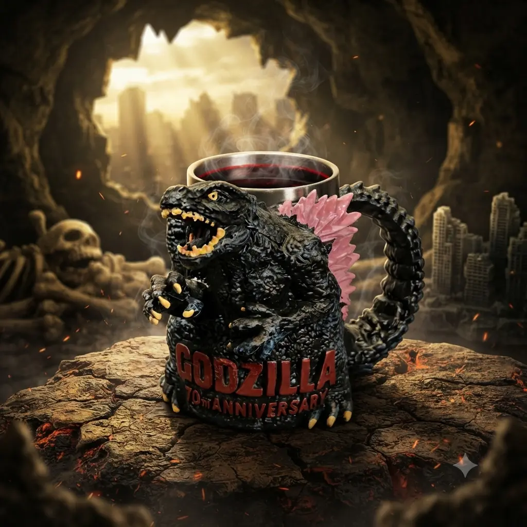 Godzilla 70th Anniversary 3D Embossed 12 oz Resin Body Tankard Form Coffee Mug - Limited Edition Pink Back Fin Kaiju Design, Fixed Liner, Hand-Painted Collectible Gift for Movie Fans, 12 Oz Cup, Movie Fan Gift