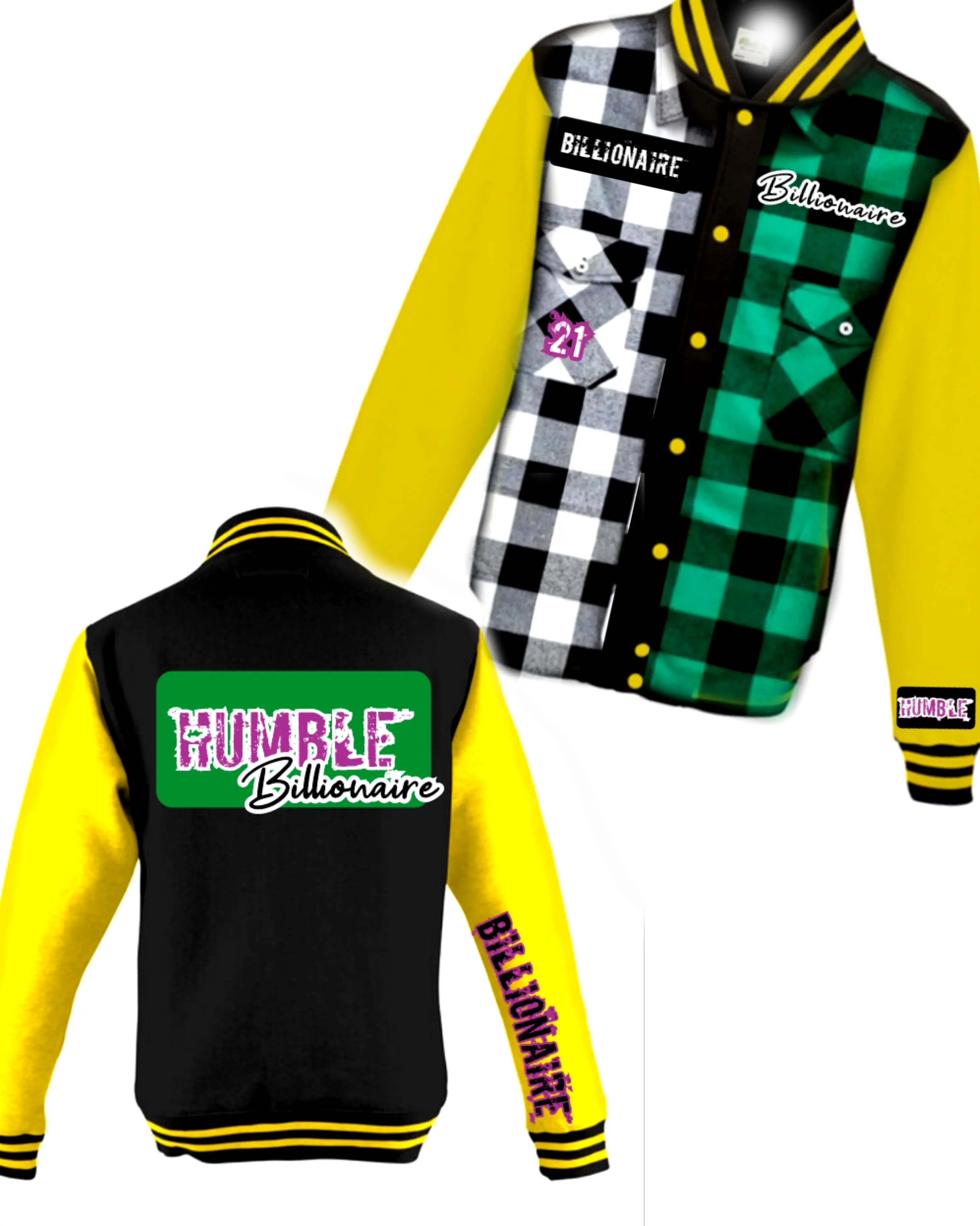 Humble Billionaire Varsity Jacket for Men and Women - Plaid Design, Letterman Style, Colorful Sleeves, Embroidered Logos