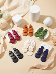 Women's Fashion Long Dangle Earrings Set, Exaggerated Large Pendant Earrings, Layered Round Wood Geometric Ear Studs, Versatile Earrings, All Seasons Daily Wear