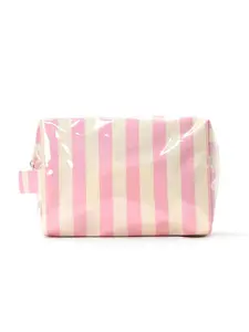 & Stripe Glossy Makeup Bag, Waterproof PVC Cosmetic Pouch, Portable Handle, Travel Toiletry Bag for Women & Girls, Cute Aesthetic Storage Bag