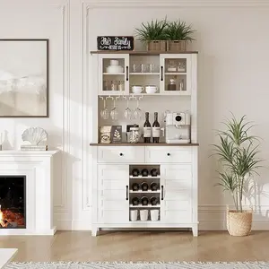 Kitchen Pantry Cabinet Buffet Hutch with Microwave Countertop, 72 Inch Tall Storage Cupboard with Double Glass Doors, 2 Drawers & Adjustable Shelves for Home Coffee Bar Wine Storage