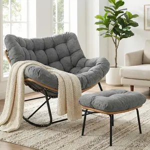 Arlopu Outdoor Papasan Rocking Chair with Ottoman, Oversized Padded Lounge Rocker with Cushion, Comfy Wicker Egg Lounge Chair, Large Indoor Rocking Recliner for Living Room/Porch/Garden