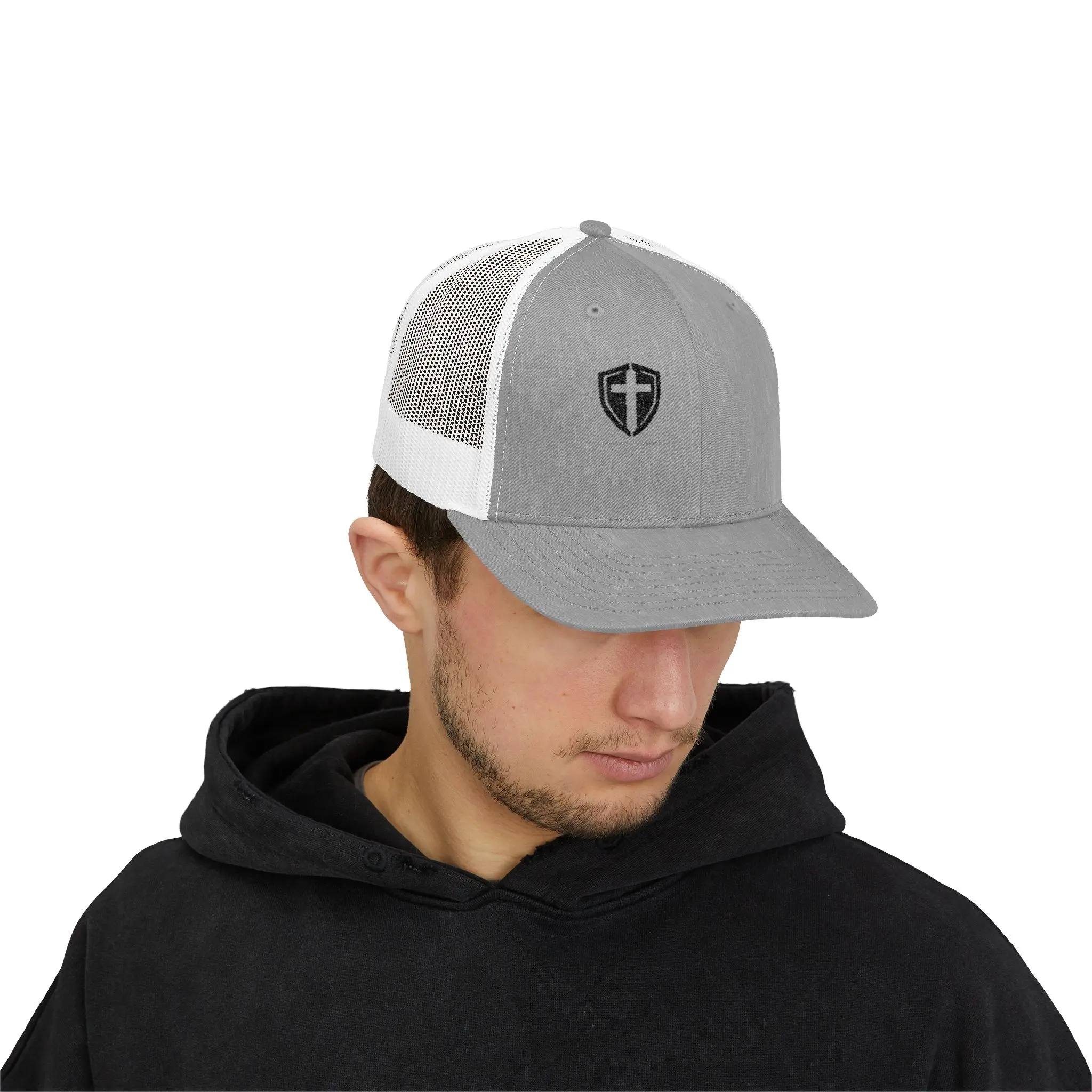 Minimal Shield Logo Snapback Trucker Cap | Black Mesh Baseball Hat