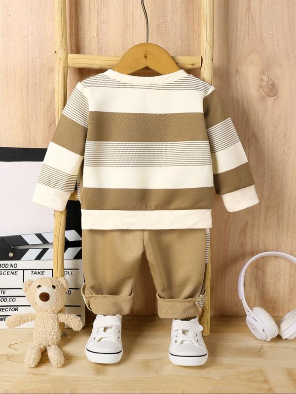 Baby Boys' Striped Bear Embroidered Long Sleeve Sweatshirt & Pants Set, Baby Boy Clothes, Casual Fashion for Fall Winter Daily Wear Outdoor Play Party Gift