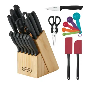 23 Piece Stainless Steel Cutlery Set in Black - Never Needs Sharpening - Dishwasher Safe - Classic Kitchen Utensil Set - Block Kitchen Knives Knife