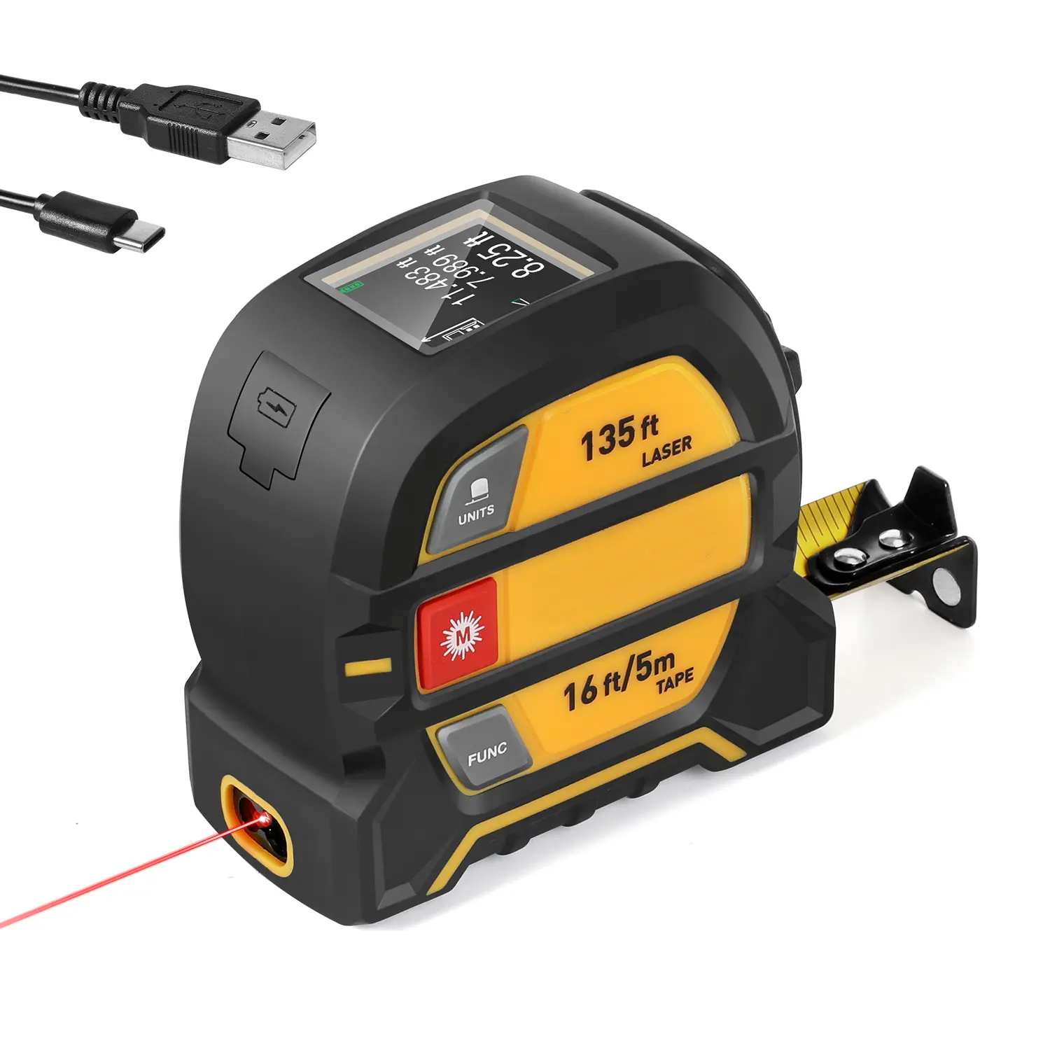 #fathersdaygift PREXISO 2-in-1 Laser Tape Measure, 135Ft Rechargeable Measurement Tool & 16Ft Measuring Movable Magnetic Hook - Pythagorean, Area, Volume, Ft/Ft+in/in/M Unit NOT Digital