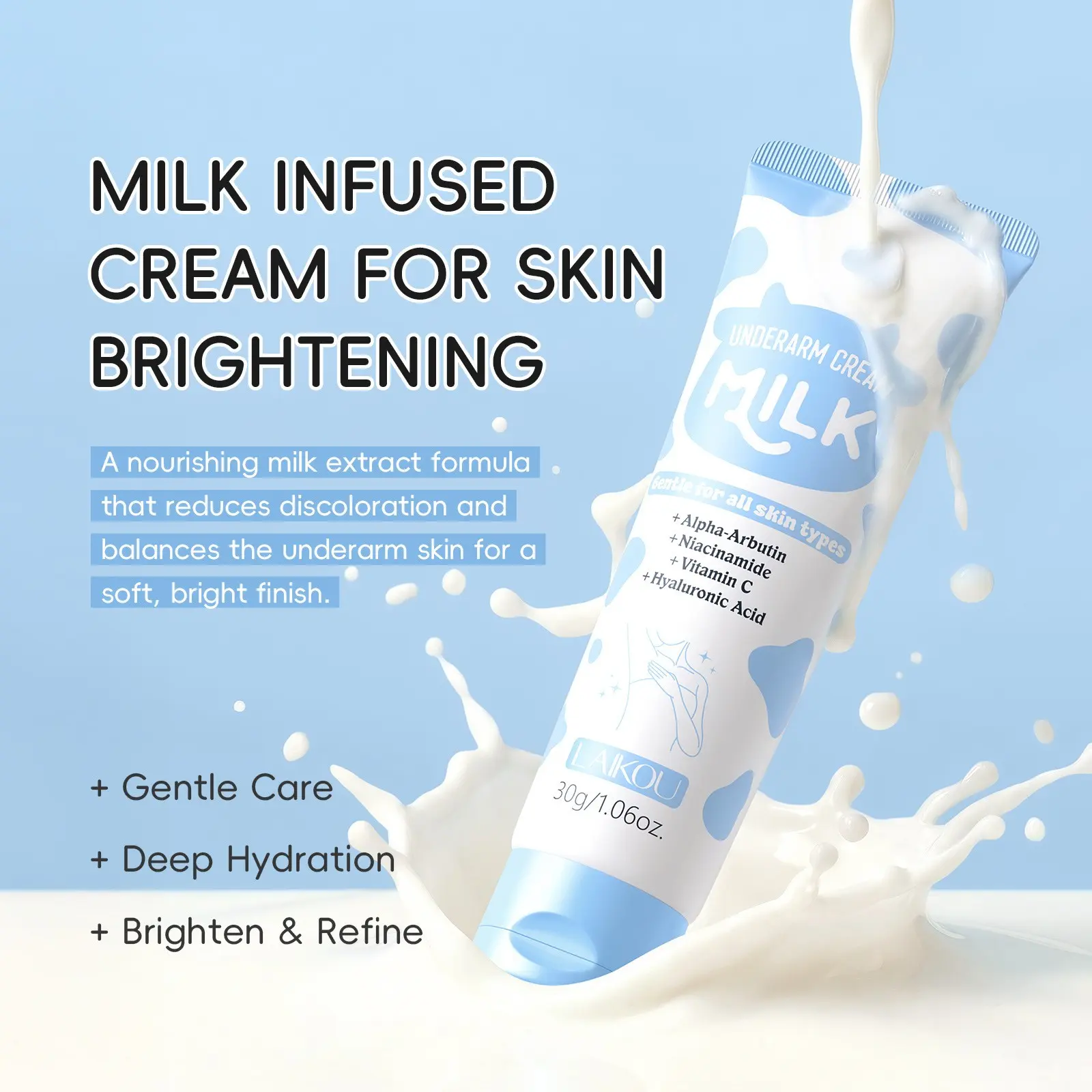 Milk Underarm Cream 30g Travel Size Lactic Acid Body Care Moisturizer Portable Deodorant Cream for Underarms Gentle Exfoliating Hydrating Brightening Even Skin Tone Moisturizing Smoothing Underarm Care for Men Women On the Go Daily