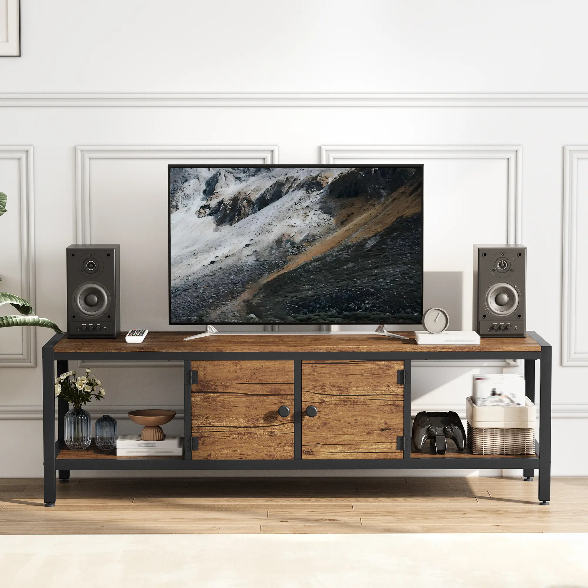 58'' Spacious Storage TV Stand, Industrial Farmhouse Entertainment Center, Wood and Metal Media Console with Storage for Living Room